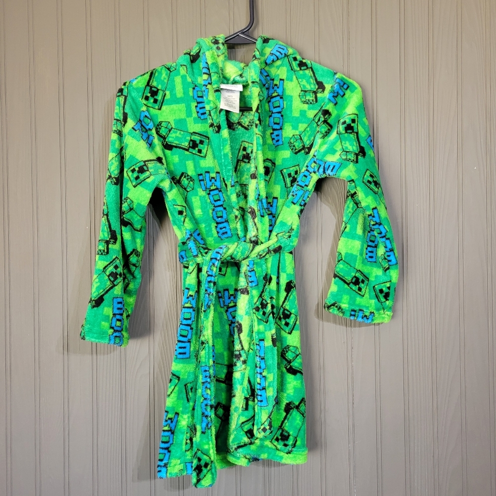 Minecraft Hooded Robe Creeper "Boom" Graphic Tie Waist Green Youth Boys Medium 8